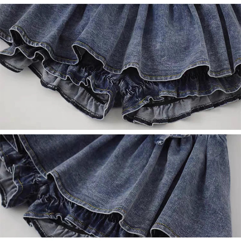 Aiertu Grunge Y2k Bow Denim Skirt with shorts Kawaii Women Vintage Gyaru Ruffle Low Waist Sexy Pleated Mini Skirts Summer Streetwear Aiertu