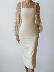 Aiertu Autumn White Dress Women Sexy See Through Lace Embroidery Long Dresses Female Elegant Square Collar Puff Sleeve Slim Party Dress Aiertu