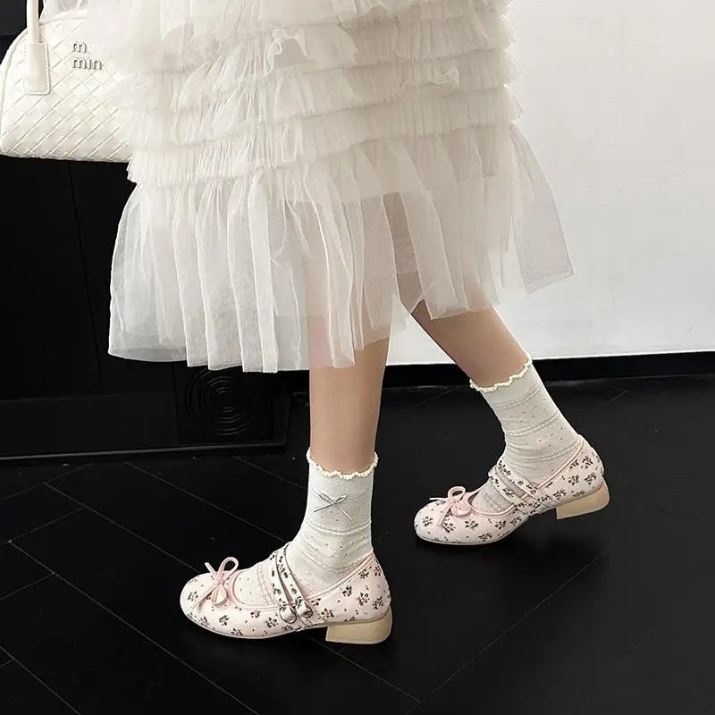 AIERTU  -  Pink Floral Pattern Low Heel Mary Jane Shoes Women Summer Comfort Silver Bowknot Ballet Flats Woman's Lolita Shoes Aiertu