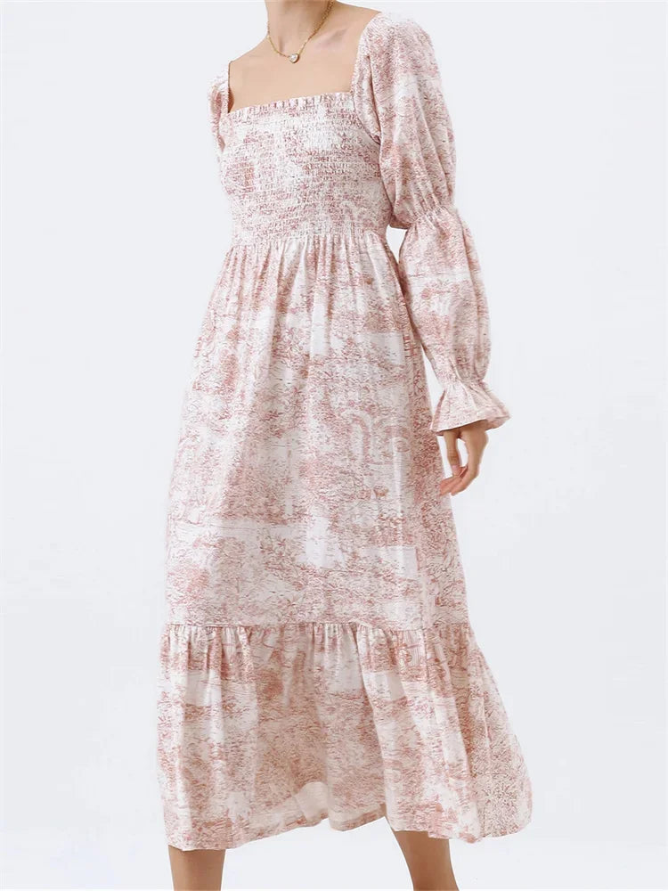 AIERTU  -  Woman Vintage Floral Dress Puff Long Sleeve Off Shoulder Ruffle Long Dress Spring Fall Casual Vintage Bohemian Dresses Aiertu