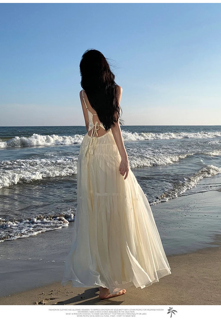 Aiertu Summer Beige Sexy Club Backless Women Elegant Pleated Slip Dress V-neck Slim Lace Up Sleeveless Evening Party Fairy Long Dresses Aiertu