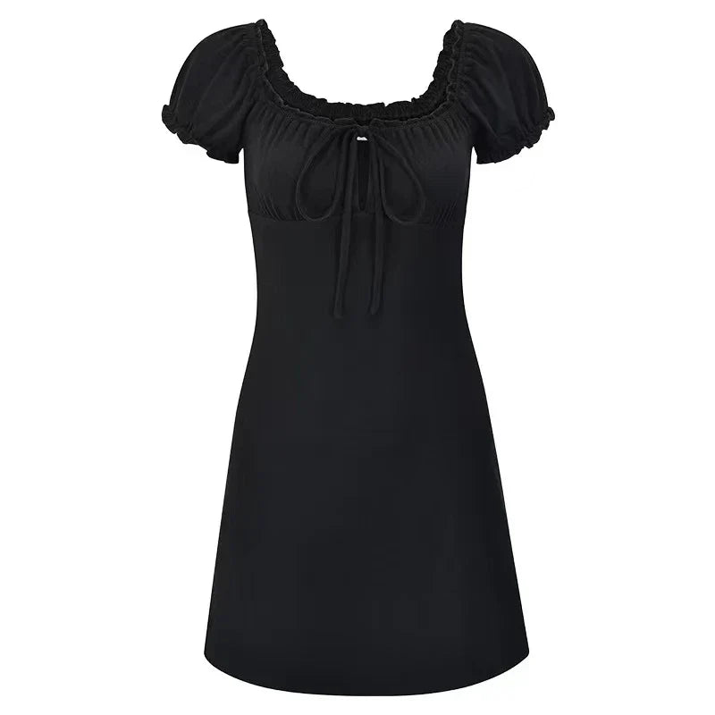 Aiertu DRESS TO IMPRESS Summer Sexy Mini Dress Women Short Sleeved Lace up Hollow Casual Backless Folds Bodycon Black Dress Party Elegant A-LINE Dresses aiertu