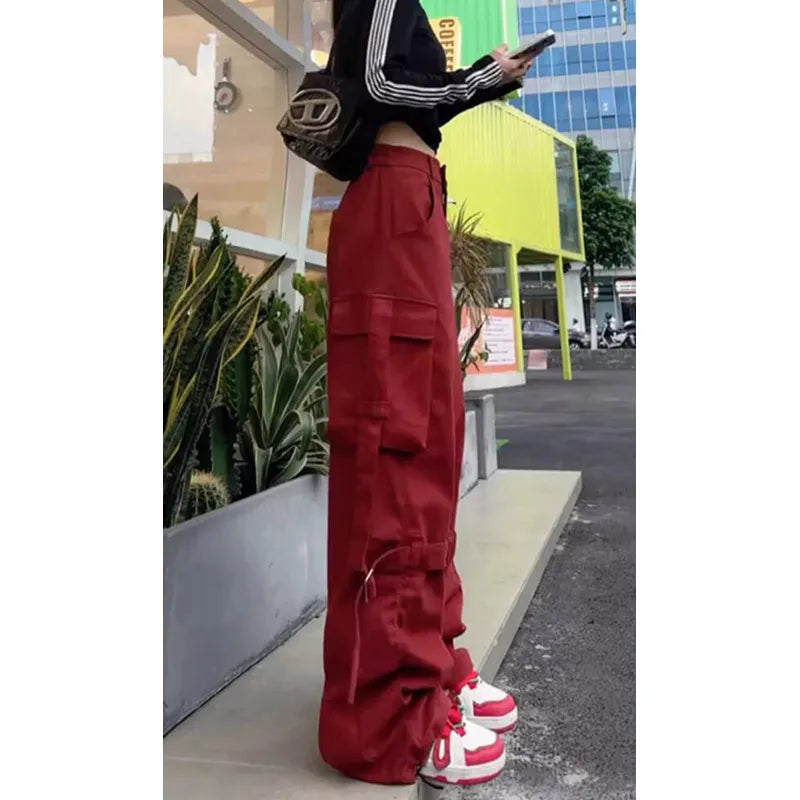 Aiertu Vintage Casual High Waist Red Cargo Pocket Pants For Women Streetwear Style Wide Leg Overalls Baggy Y2K Trouser 2024 Aiertu