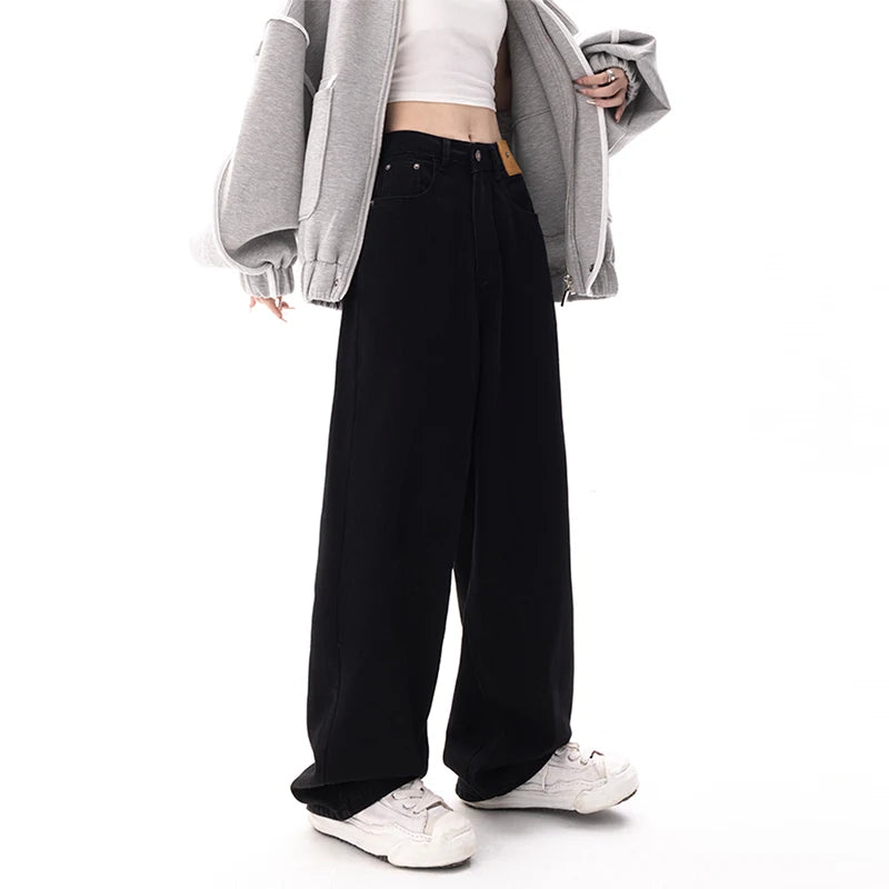 Aiertu Black Baggy Straight Jeans Women Korean Fashion Streetwear High Waist Wide Leg Denim Pants Female Loose Mopping Jean Trouser Y2K Aiertu