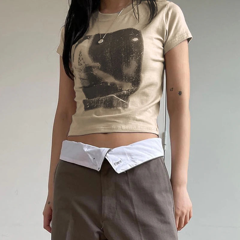 Aiertu Vintage Chic Print y2k Crop Top Crewneck Slim Short Sleeve T-shirt Summer Harajuku  Streetwear y2k Retro Tees Shirt Women Aiertu