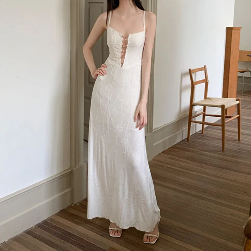 AIERTU  -  Women Dress New Chinese Style Patterned Chest Bead Hollow Out Backless Sleeveless High Waist Slim Vacation Sling Long Dresses Aiertu