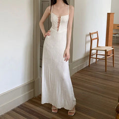 AIERTU  -  Women Dress New Chinese Style Patterned Chest Bead Hollow Out Backless Sleeveless High Waist Slim Vacation Sling Long Dresses Aiertu