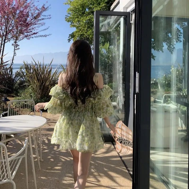 Aiertu Dress Floral Suspender Backless Ruffles Summer 2024 Sexy Elegant Dress Women Clothing Female Short Korean Beach Outfits Dress Aiertu