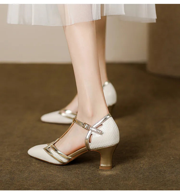 Aiertu Summer Sandals Women Square Toe Chunky Heel Women Shoes Genuine Leather Shoes Retro High Heel Designer Sandals Aiertu
