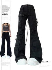 Aiertu Women Black Gothic Flare Jeans Harajuku Vintage Emo 2000s Y2k Baggy Denim Trousers Oversize Wide Cowboy Pants 90s Trashy Clothes Aiertu