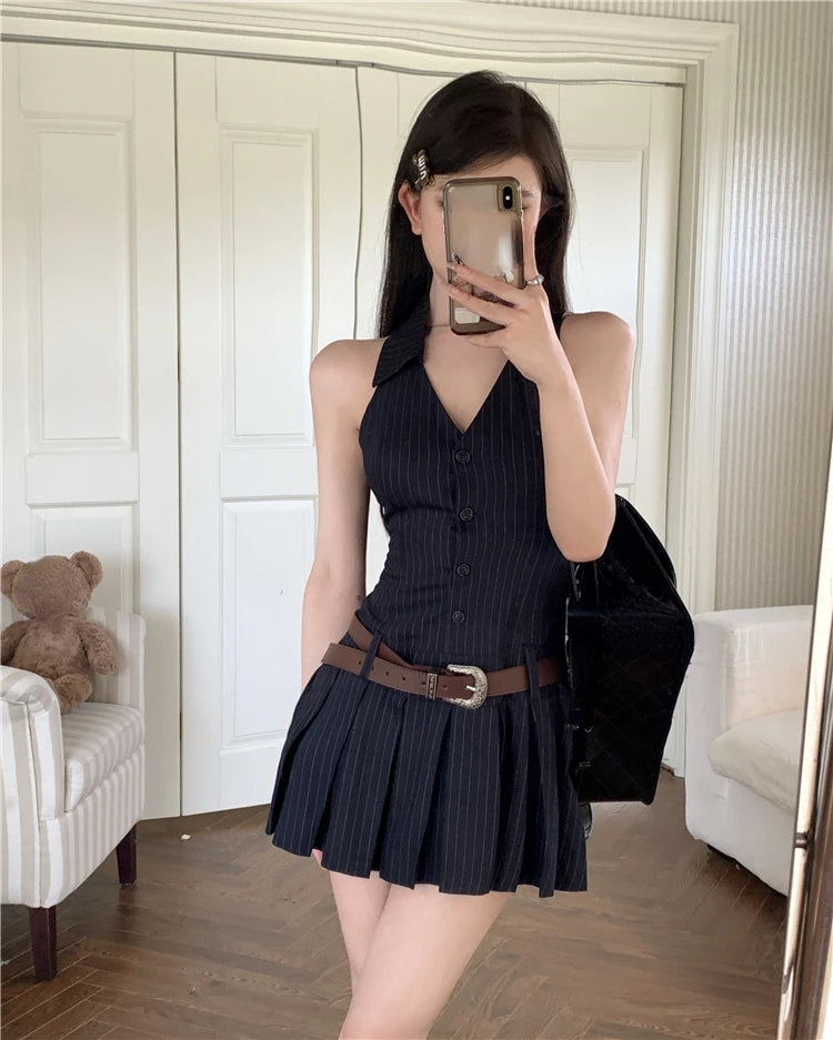 Aiertu 2024 Summer Woman Fashion V-neck Sleeve Striped Dress Clothing High Waist A-line Summer Vestido Female Pleated Y2k Mini Dresses Aiertu