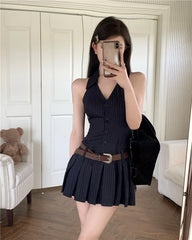 Aiertu 2024 Summer Woman Fashion V-neck Sleeve Striped Dress Clothing High Waist A-line Summer Vestido Female Pleated Y2k Mini Dresses Aiertu