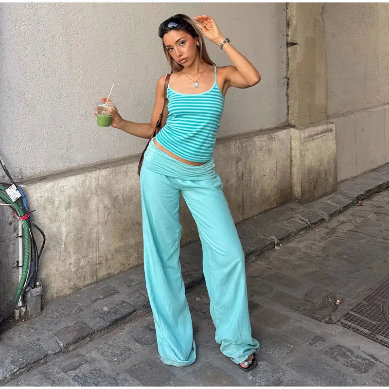 AIERTU  -  Casual Fold Solid Women's Pants Loose Elastic Waist Wide Leg Pleated Female Trousers Summer Lady Chic All-match Trouser New Aiertu