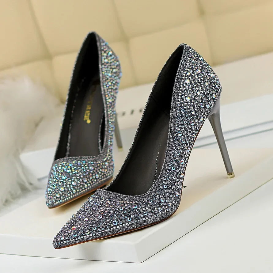 Women 10cm High Heels Stripper Bling Crystal Escarpins Pumps Lady Stiletto Wedding Bridal Fetish Rhinestone Gold Pink Prom Shoes Aiertu