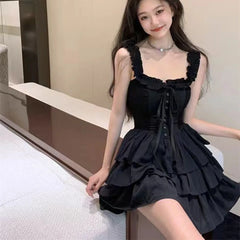 Aiertu Gothic Black Sexy Slip Dress Y2K Harajuku Streetwear Punk Lace Up Cake Dress Female Summer Korean Fashion Party Ruffles Dresses Aiertu