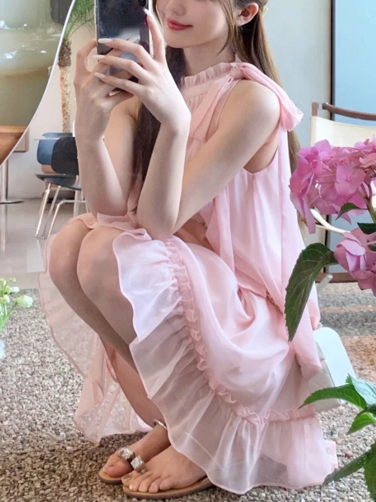 Aiertu Sweet Pink Y2k Mini Dress Party Women Casual Sleeveless Elegant Dress Korean Style Fashion Pure Color Dress Female Summer Aiertu