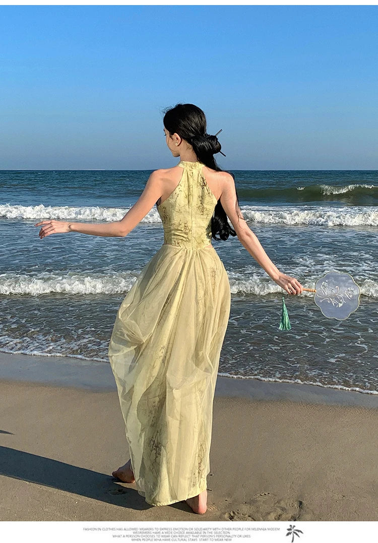 Aiertu Vintage Green Mesh Bamboo Print Sexy Sleeveless Elegant Slim Chinese Long Dress Summer Hollow Off Shoulder Pleated Dresses Boho Aiertu
