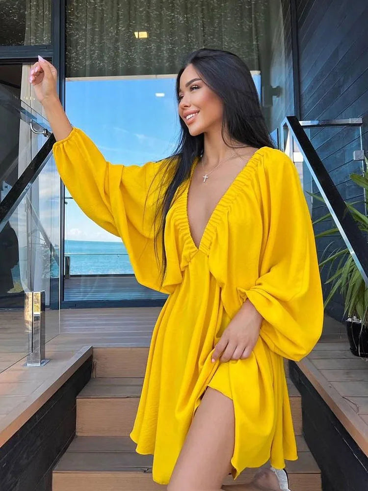 Aiertu Summer 11 Candy Color Long Sleeve Dresses Women Tourism vacation Deep V Neck Women Summer Boho Dresses Aiertu
