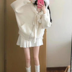 Aiertu Kawaii Sweet Knitted Cardigan Women Elegant Zip Up Hooded Cardigan Cute Japanese Style Solid Autumn Winter Sweater Coat Aiertu