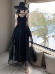 Aiertu Sleeveless Dress Women Mesh Long A-line Black Retro Elegant V Neck Fairy Sexy Pleated Sundress Summer Evening Party Ball Gown Aiertu