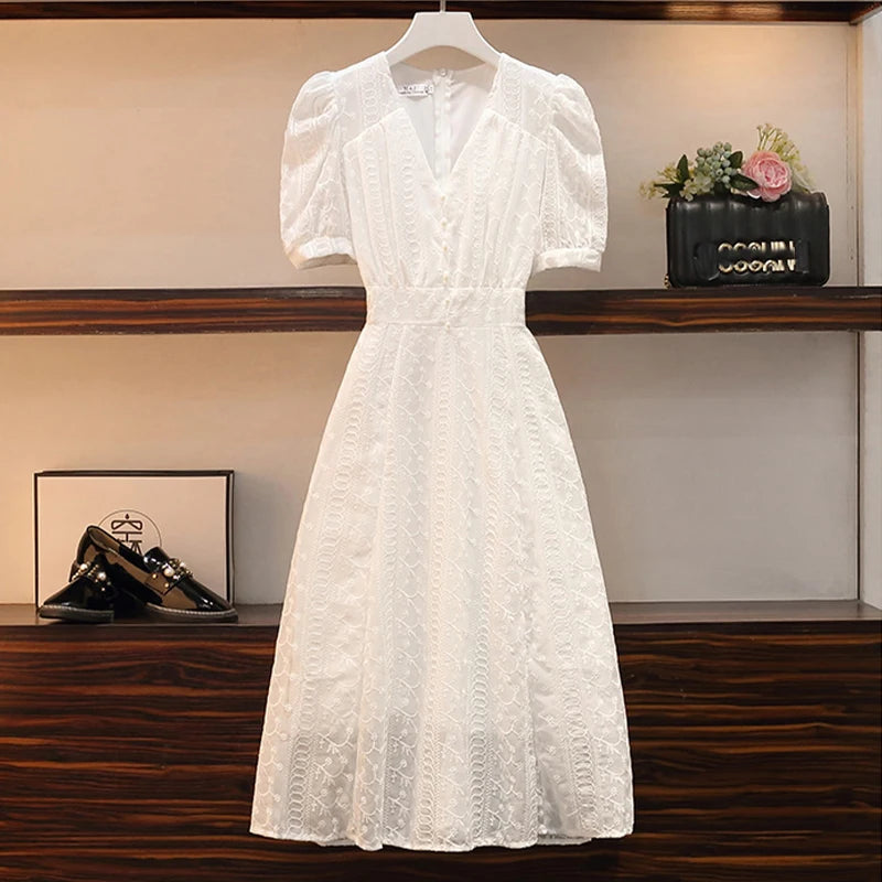 Aiertu Elegant V-neck Midi Dress Women Summer Puff Sleeve White Casual Party Dress Female Office Kawaii Lace One-piece Dress Korean Y2k Aiertu