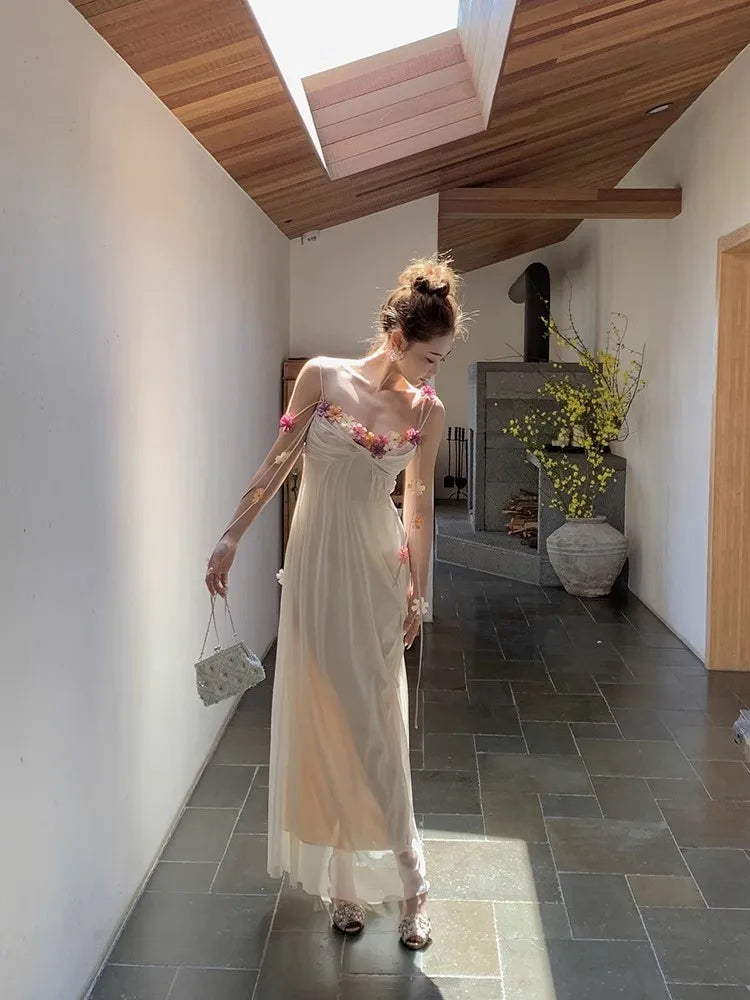 Aiertu Acetic Acid Suspender Jumpsuit For Women In Summer, High-End And Exquisite One Line Neckline Sleeveless Floral Dress In The Mist Aiertu