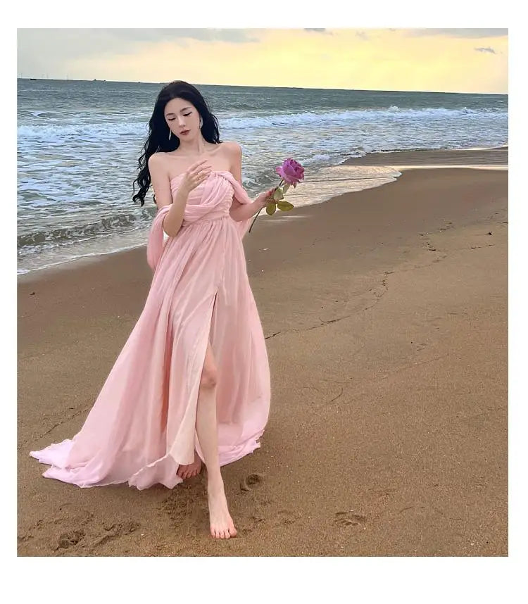Aiertu Summer Pink Elegant Pleated High Waist Split Long Dress Women Fashion Backless Halter Strapless Fairy Dress Female 2024 Vestido Aiertu