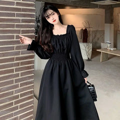Aiertu Vintage Black Dress Women French Elegant Square Collar Long Sleeve Midi Dress Autumn Ladies Retro Clothes Chic Korean Aiertu