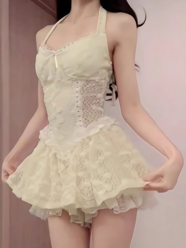 Aiertu Lace France Elegant Two Peice Set Women Bow Korean Fashion Mini Dress Suit Female Long Sleeve Cardigan + Vintage Dress Aiertu