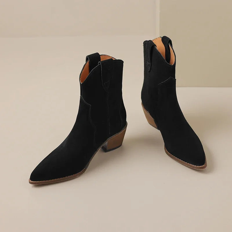 Aiertu Winter Classic Chelsea Boots for Woman Cow Suede Pointy Toe Wedge Heel Ankle Boots Simple Comfortable Cowboy Boots Female Aiertu