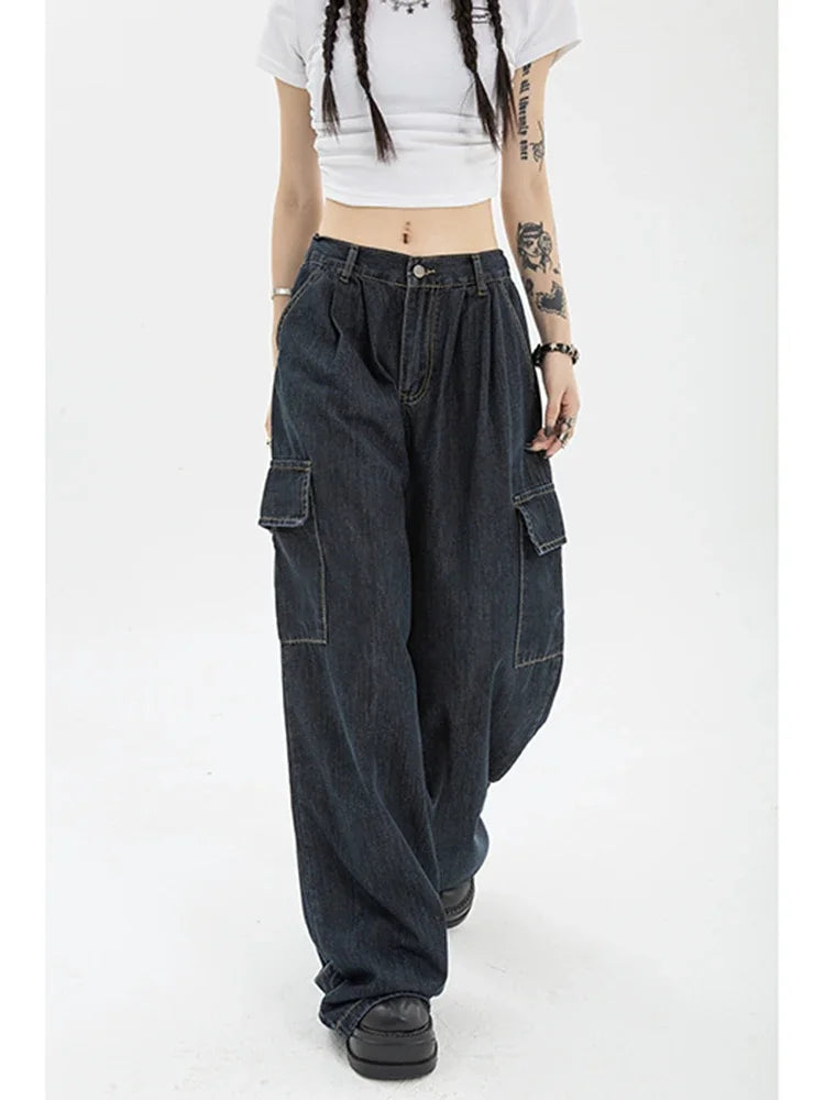 Aiertu Autumn Women Harajuku Cargo Baggy Blue Jeans Streetwear Hip Hop Oversize Casual Wide Leg Vintage Demin Pants Y2k Loose Trousers Aiertu