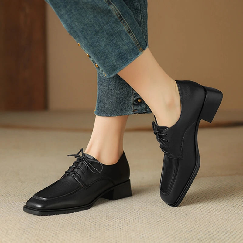 Aiertu NEW Spring/Autumn Women Shoes Square Toe Women Loafers Chunky Heel Shoes Split Leather Shoes for Women Retro Lace up Women Pumps Aiertu
