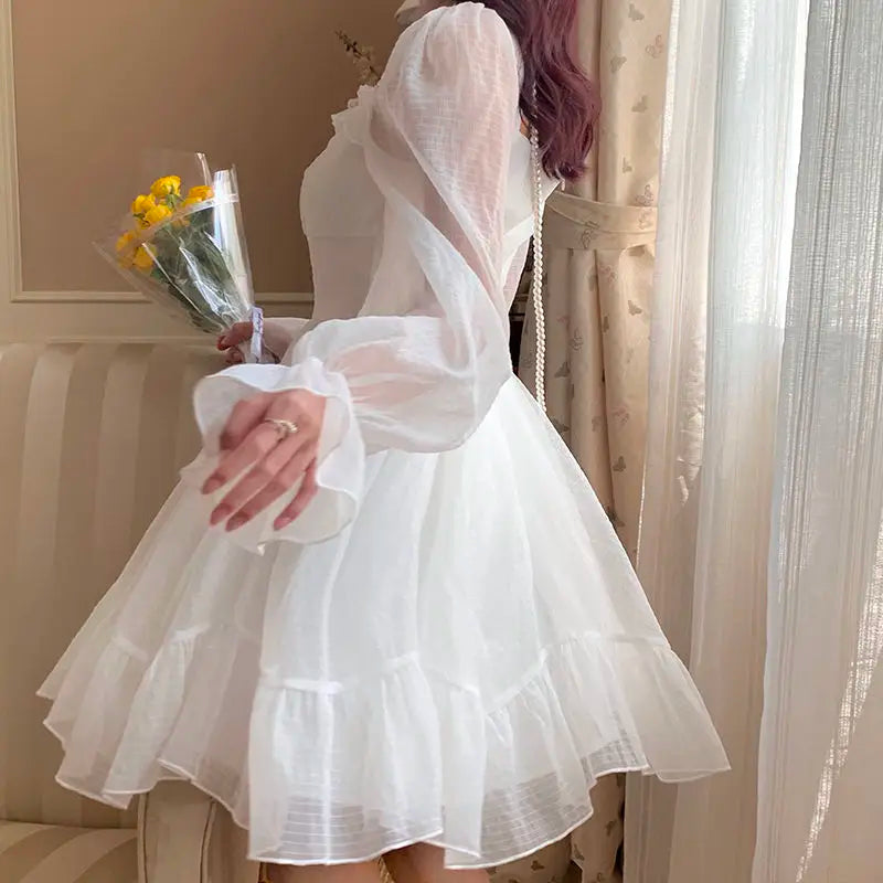 Aiertu White Kawaii Dress Women Chiffon Lolita Style Long Sleeve Mini Dresses Bow Fairy Robe Ruffles Patchwork Square Collar Aiertu