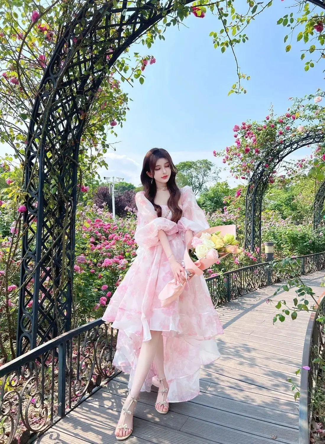 Aiertu Vintage Floral Sweet Midi Dress Women Irregular Elegant Puff Sleeve Fairy Dress Female Autumn Casual Beach Party Dress Chic Aiertu