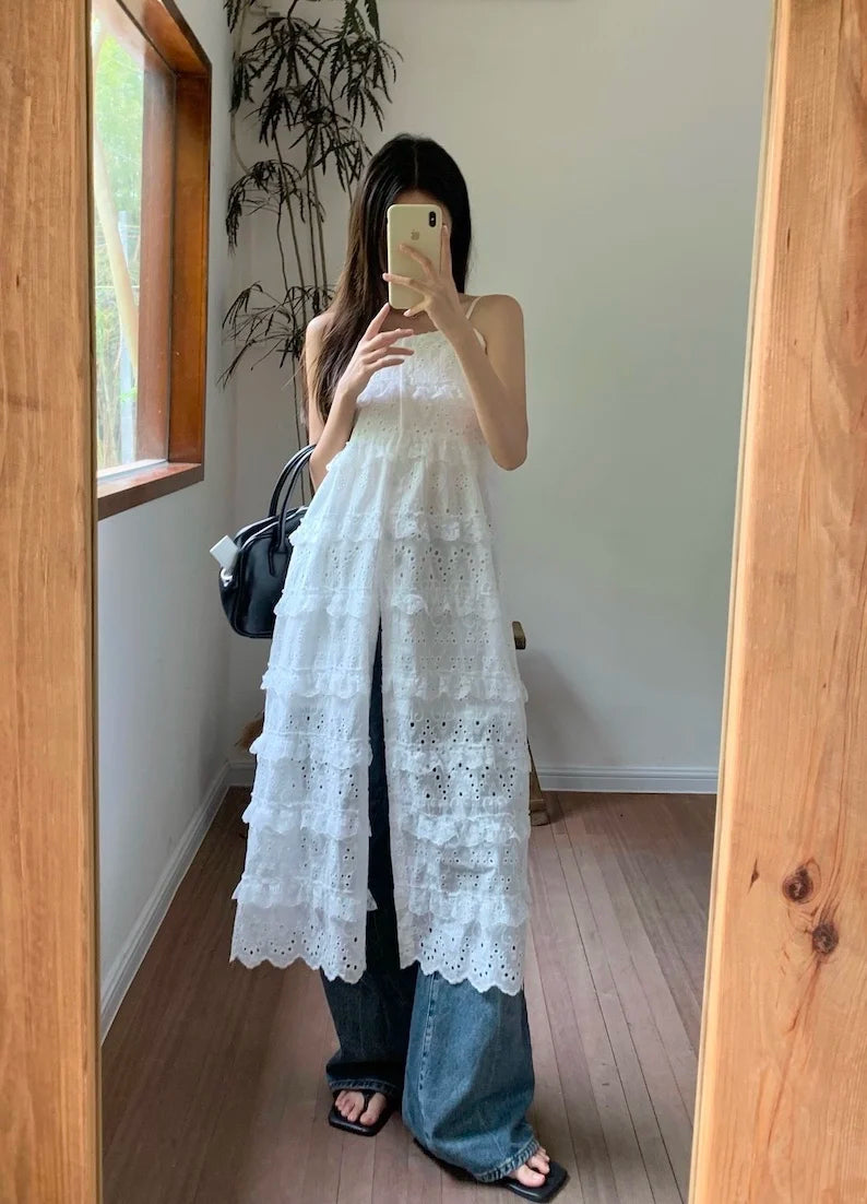 Aiertu White Suspender Embroidered Dress For Women'S Summer High-End Hollowed Out Design, Elegant And Chic Long Skirt Aiertu