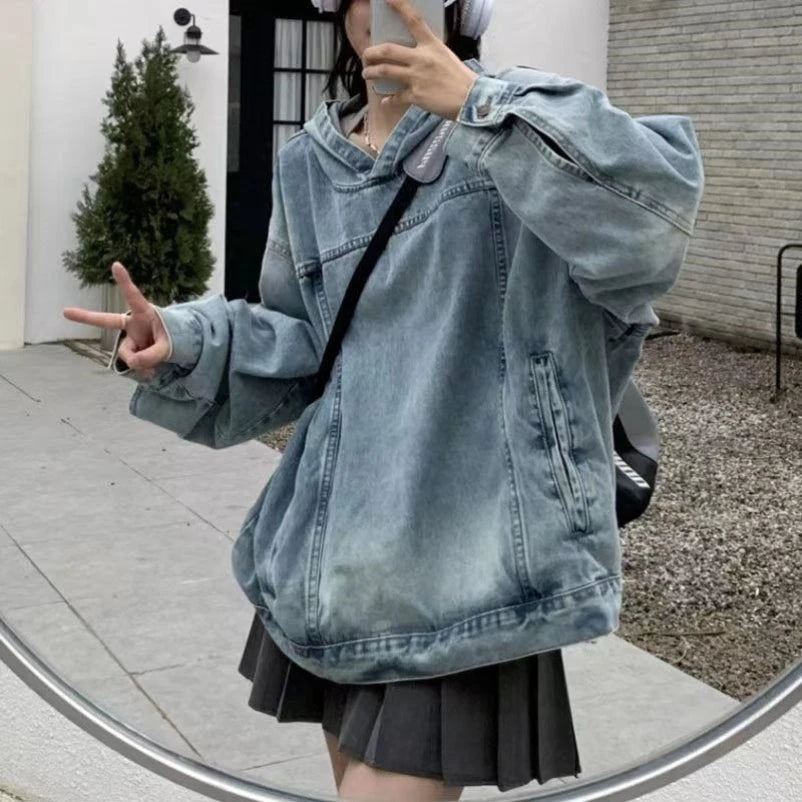 AIERTU  -  Y2k American Street Retro Washed Denim Pullover Hoodie Women Spring Autumn New Loose Jacket Solid Fashion Sweatshirts Aiertu