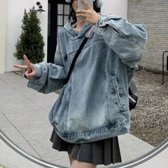 AIERTU  -  Y2k American Street Retro Washed Denim Pullover Hoodie Women Spring Autumn New Loose Jacket Solid Fashion Sweatshirts Aiertu