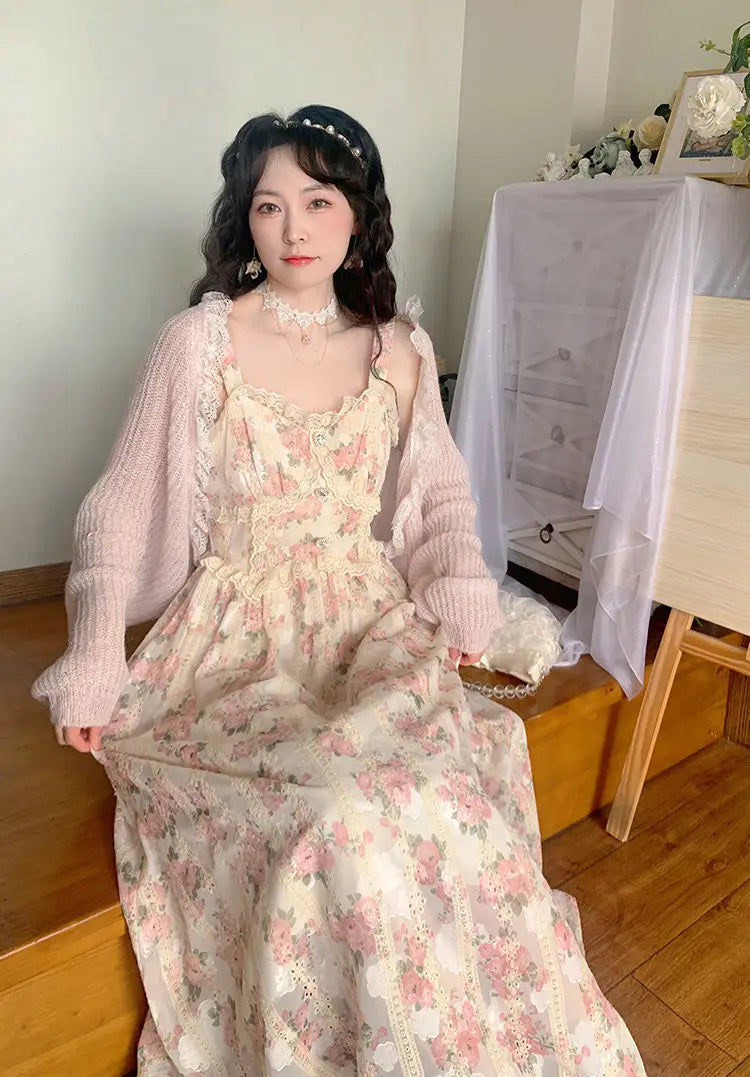 Aiertu Chiffon Lace Strap Dress Women Floral Embroidery Fairy Vintage Long Dress Female Sweet Princess Casual Party Dresses Summer Aiertu