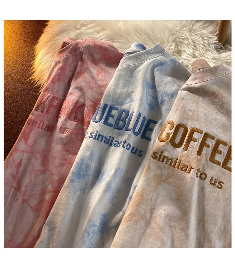 Aiertu Tie-dye Embroidery Letter Short Sleeve Top Korean Popular Trendy Female T-shirt Summer New 2024 Fashion Y2K Tops Aiertu