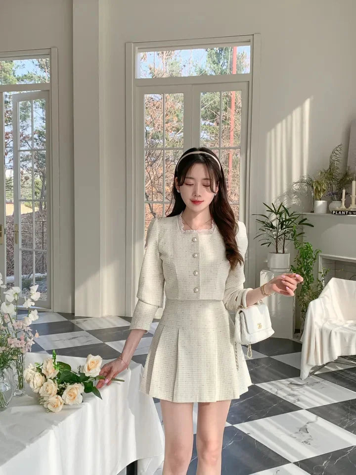 Aiertu High Quality 2024 spring Small Fragrant Two Piece Set Women Outfit Short Jacket Coat + Skirt 2 Piece Sets Conjuntos Cortos Aiertu