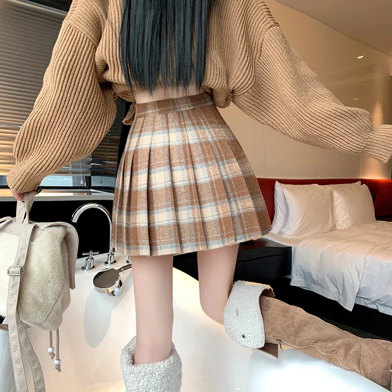 Aiertu Preppy Style Winter Plaid Vintage Pleated Mini Wool Skirt For Women High Waist Thicken Casual School Cute Short Skirt Female Aiertu