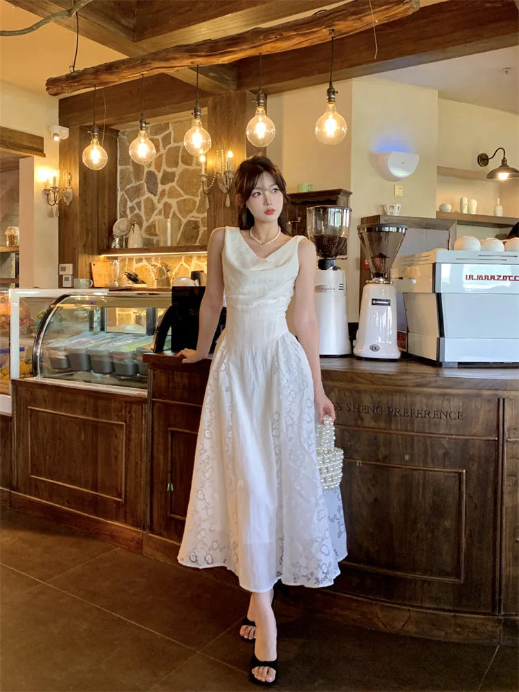 AIERTU  -  Women Dress Retro Lace Pattern Splicing Swinging Collar Sleeveless High Waist Solid Color Simple Vest Style Sling Long Dresses Aiertu