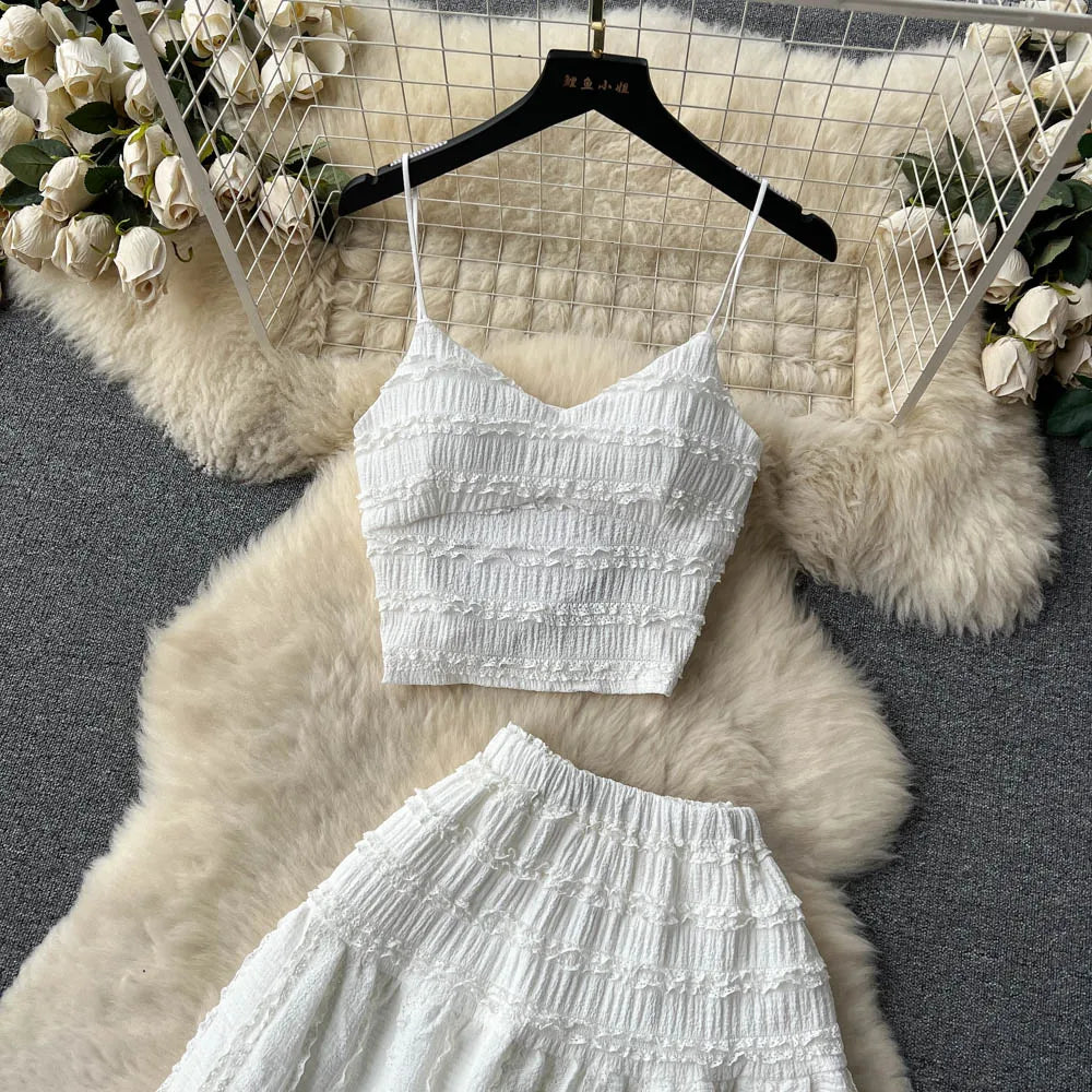 Aiertu Summer Lace Patchwork Beach Two Pieces Sets Women Sexy Camisole+A Line Long Skirt Fashion Elastic Bohemian Suits Aiertu