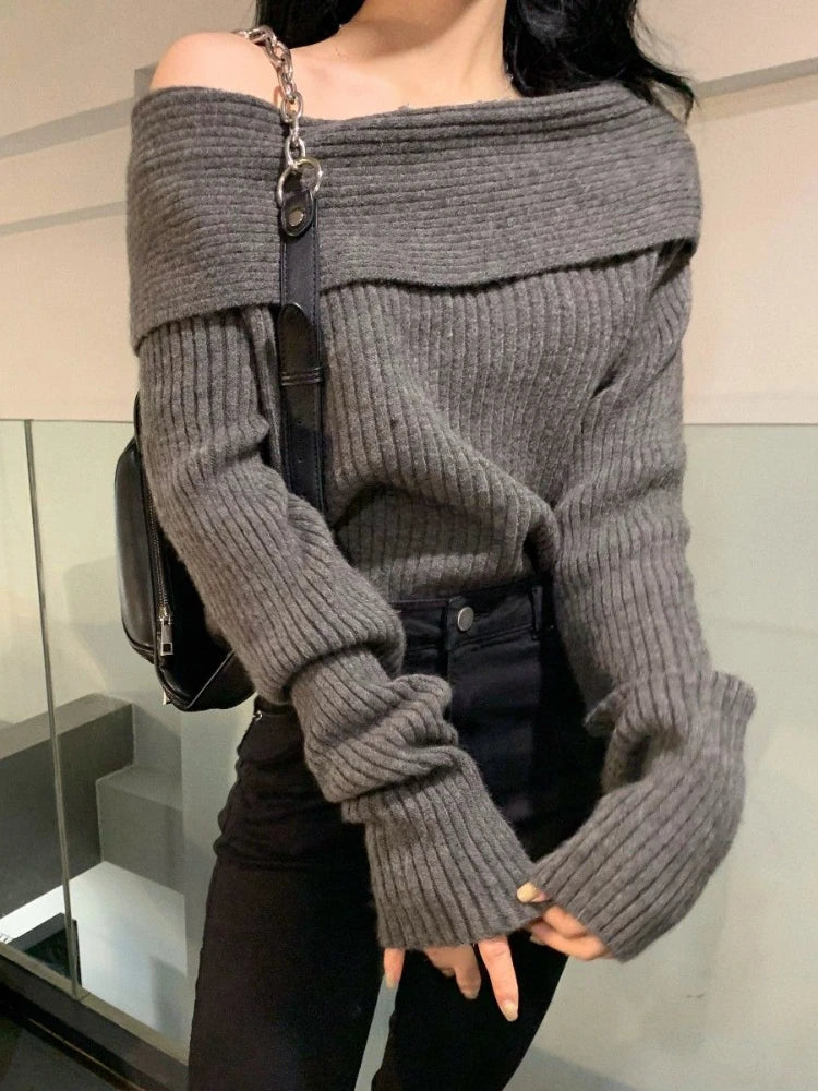 Women Sweater Off Shoulder Knitted Pullovers Female Korean Fashion Sexy Slash Neck Knitwear Top Lady Autumn Winter Slim Jumpers Aiertu