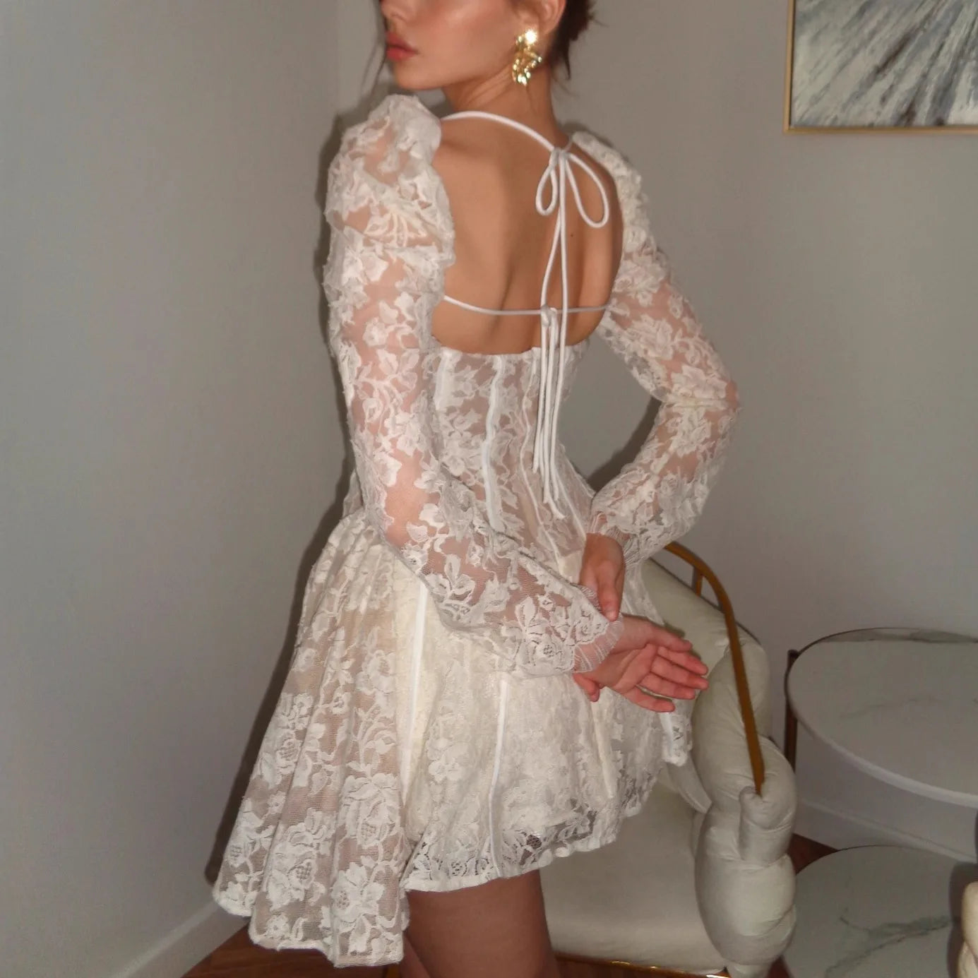 AIERTU  -  Women's French Cold Elegant White Lace Mini Dress New Summer Square Neck Puff Skirt Sweetheart Party Dress Aiertu