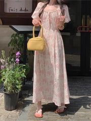 Aiertu Summer Floral Printed Midi Dress Women Off Shoulder Puff Sleeve Fairy A-line Elegant Dresses Casual Korean Fashion Aiertu