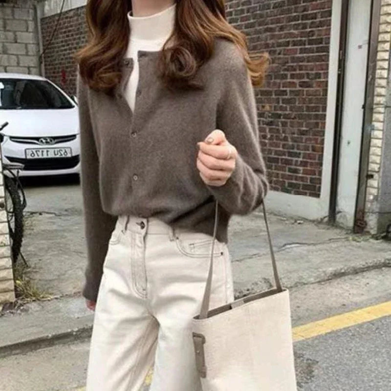 Aiertu Cold Weather Outfits Fall Solid Color Knitted Cardigan Women Korean Single Breasted Long Sleeve Jumper Woman Round Neck All Match Sweater Outwear Top Aiertu