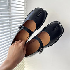 Aiertu Back  to school Flats Split Toe Shoes Plus Size 42 Loafer Brown Shoes Black Leather Women  Mary Janes Aiertu