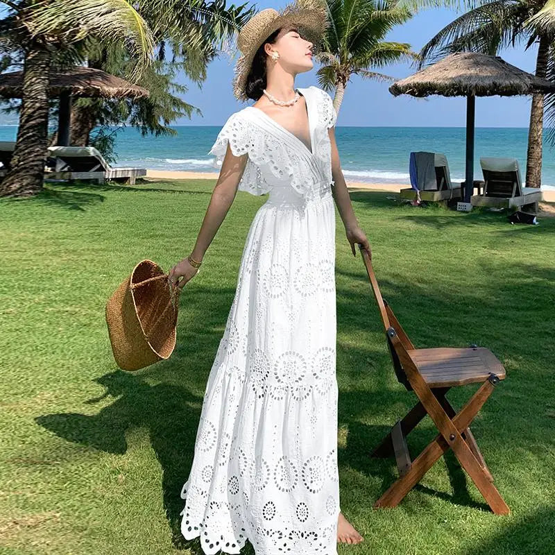 Aiertu White Daisy Flower Embroidery Hollow Out Fly Sleeves Dress Women Summer V Neck Ladies Elegant Fashion Ruffles Fairy Long Dresses Aiertu