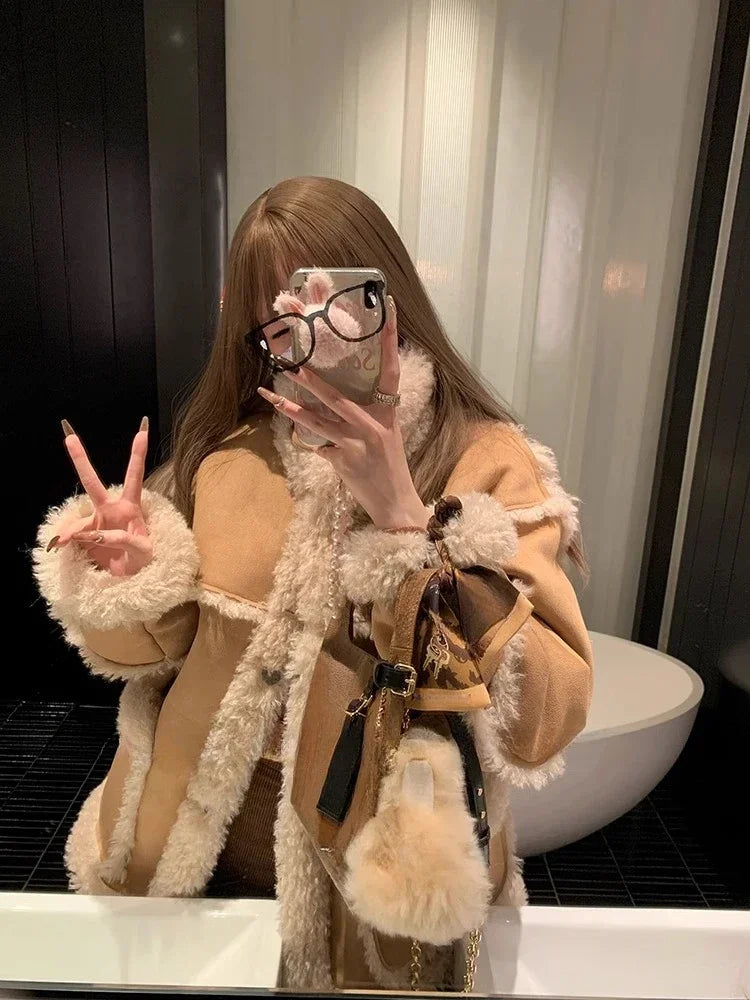 Aiertu Winter Warm Overcoats Women Outwear Casual Y2k Office Lady Vintage Faux Fur Wool Coat Ladies Korean Fashion Khaki Jackets Chic Aiertu